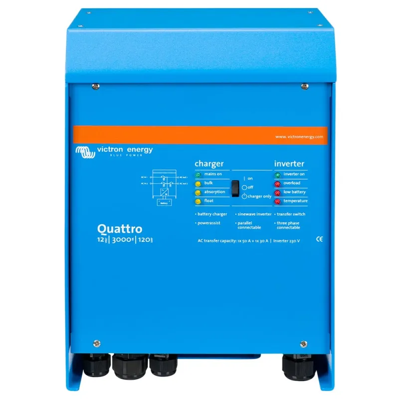 Seitliche Ansicht des Victron Quattro 12/3000/120-50 für 12-V-Batteriesysteme
