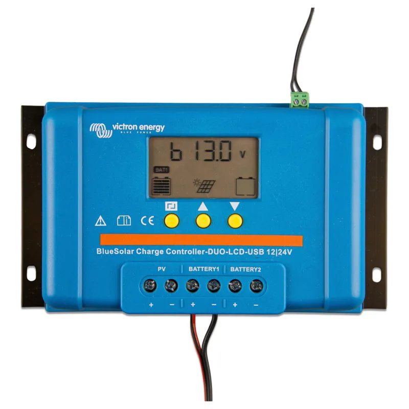 Technische Zeichnung des Victron Solarladereglers BlueSolar mit Abmessungen und Anschlussschema.