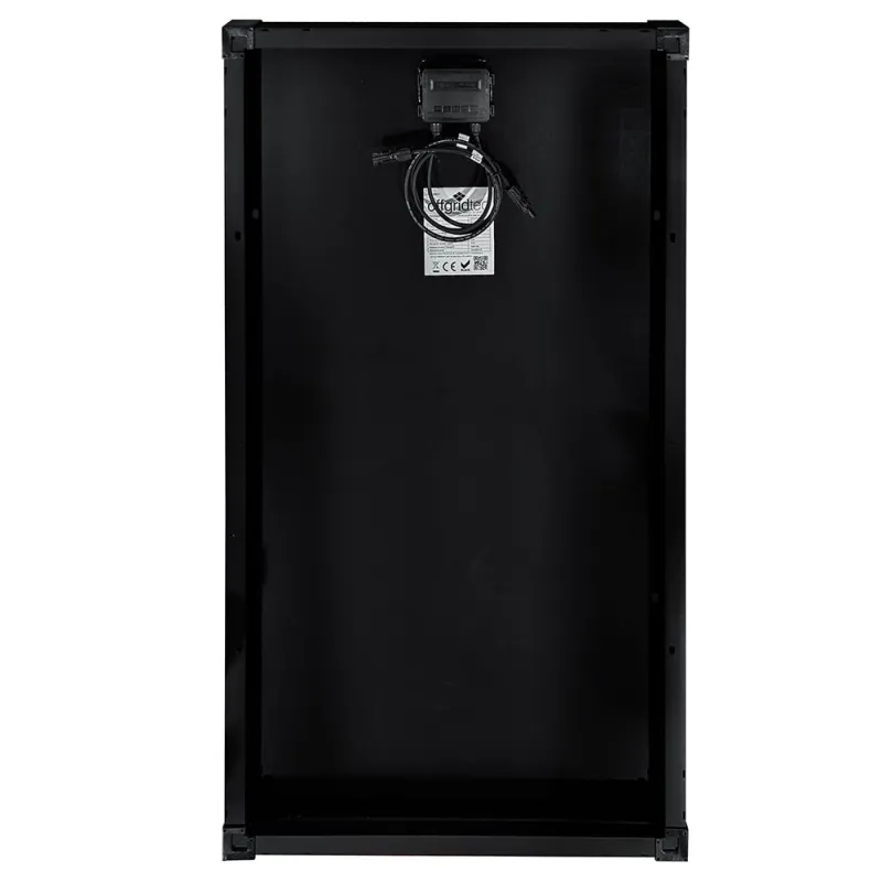 Technische Zeichnung des Solarmoduls OLP 150W V2 mit Maßen und Anschlussdetails.