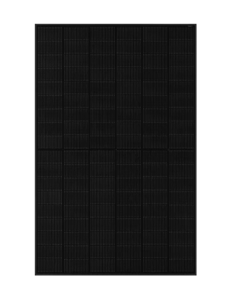 Vorderansicht des JA Solar Solarmoduls JAM54D41-LB mit 108 monokristallinen Zellen und schwarzem Design.