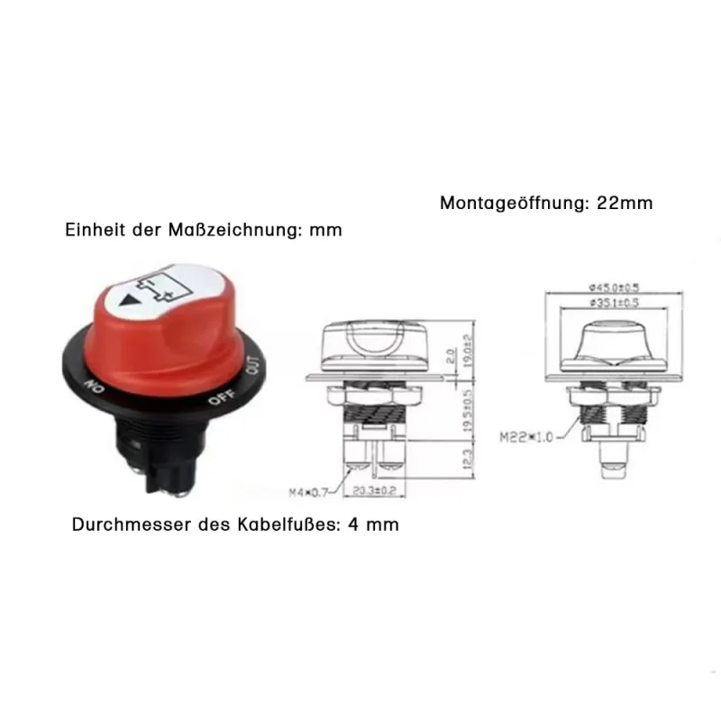 Technische Zeichnung des Batteriespeicher Batterietrennschalters 48V 50A für Installationszwecke.
