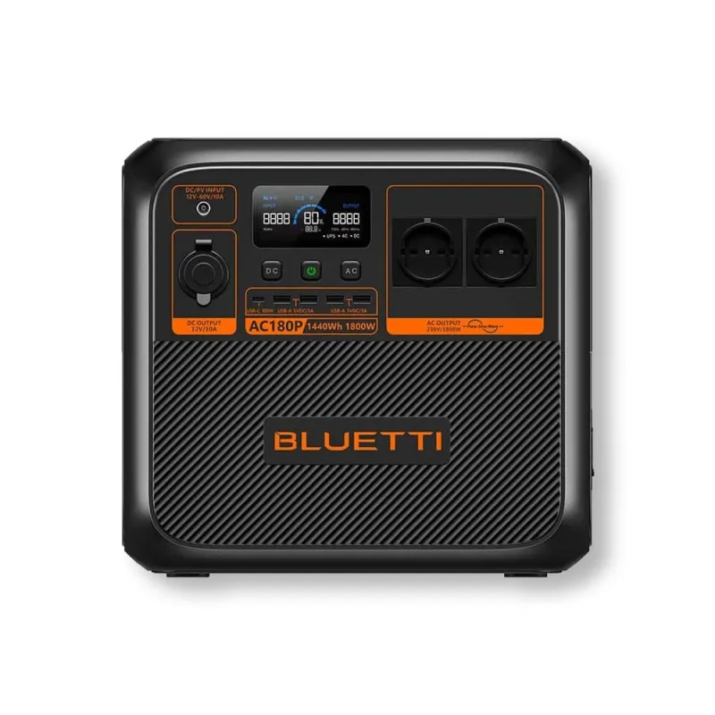 Seitliche Ansicht der Bluetti AC180P Powerstation mit Anschlüssen und Display.