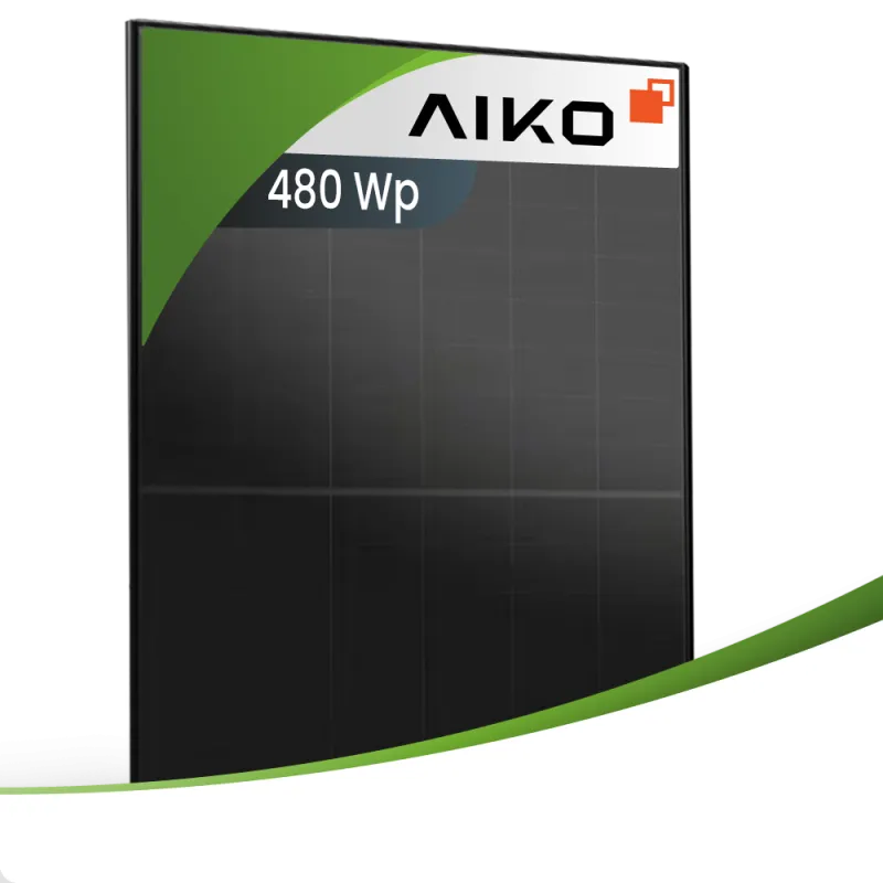 AIKO Solarmodul AIKO-A480-MCE54Db mit 480 Wp Leistung in Fullblack-Optik, Glas-Glas-Bauweise und schwarzem Rahmen.