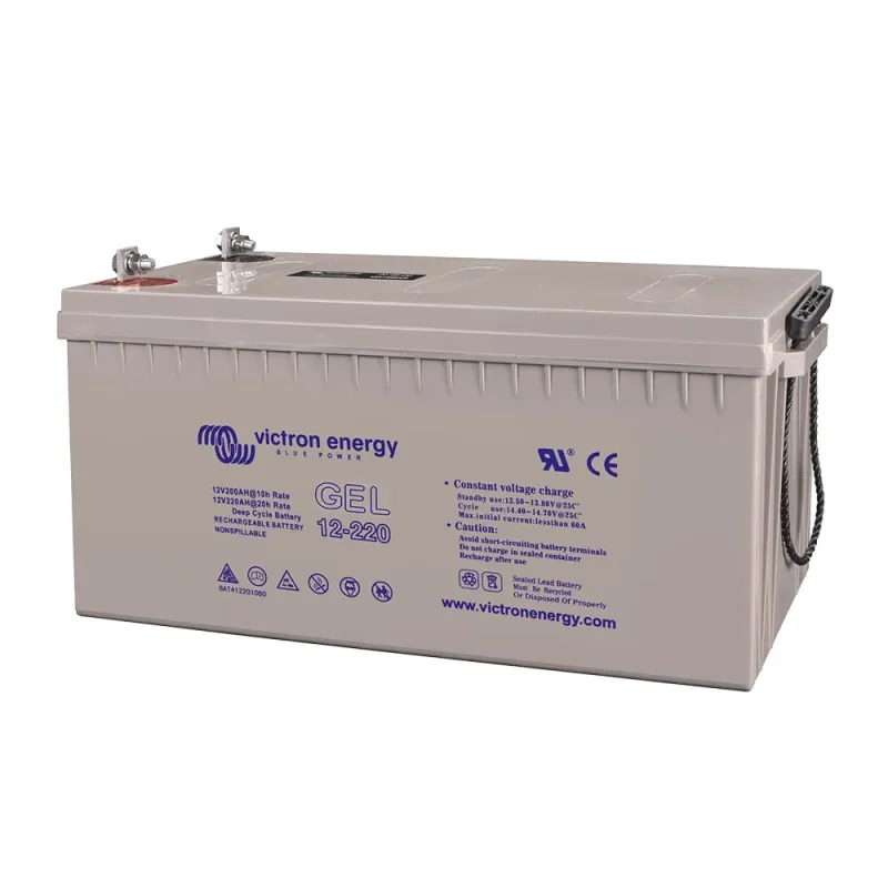 Vorderansicht des Victron Batteriespeichers Gel Deep mit Polklemmen und Sicherheitshinweisen.