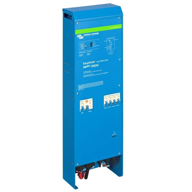 Seitenansicht des Victron Energy Solarladeregler MPPT mit Anschlüssen für Solarmodule und Batterie.