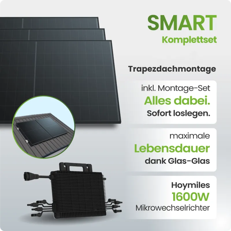 Balkonkraftwerk mit drei Solarmodulen und Hoymiles Mikrowechselrichter für Trapezdachmontage