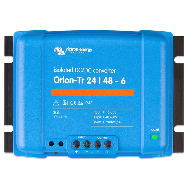 Victron Energy DC/DC Wandler für 24/48V-Gleichstromsysteme, Frontansicht mit Anschlüssen