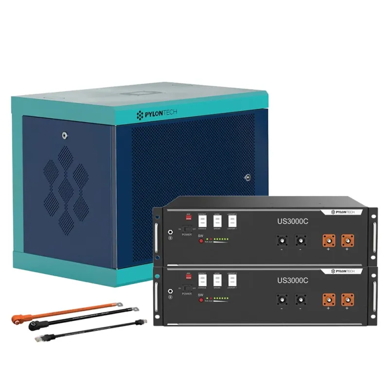 Pylontech 2x US3000D LiFePO4 Batterie 7kWh mit Wechselrichter-Anschlusskabelset und Batterieschrank