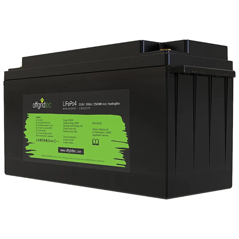 LifePO4 Akku 25,6/100 25,6V 100Ah mit BMS und Heizmatte 2560Wh