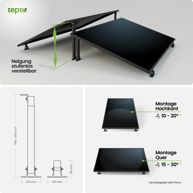 Technische Zeichnung des Solarmodul Montagesets mit Maßen und Details