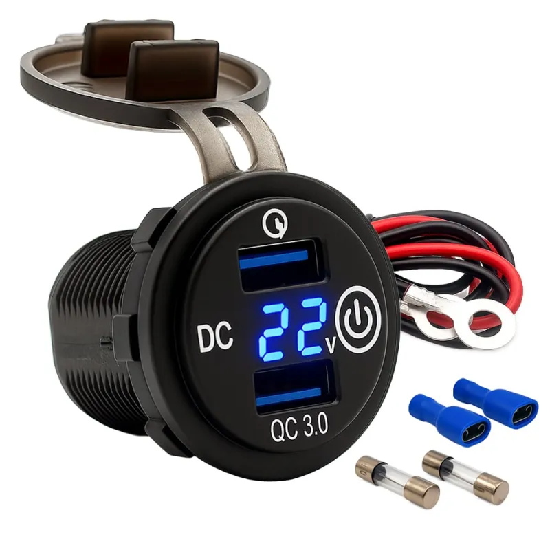 USB-Doppelsteckdose 12V/24V 2x 18W Kfz-Ladeadapter mit Spannungsanzeige und Abdeckung