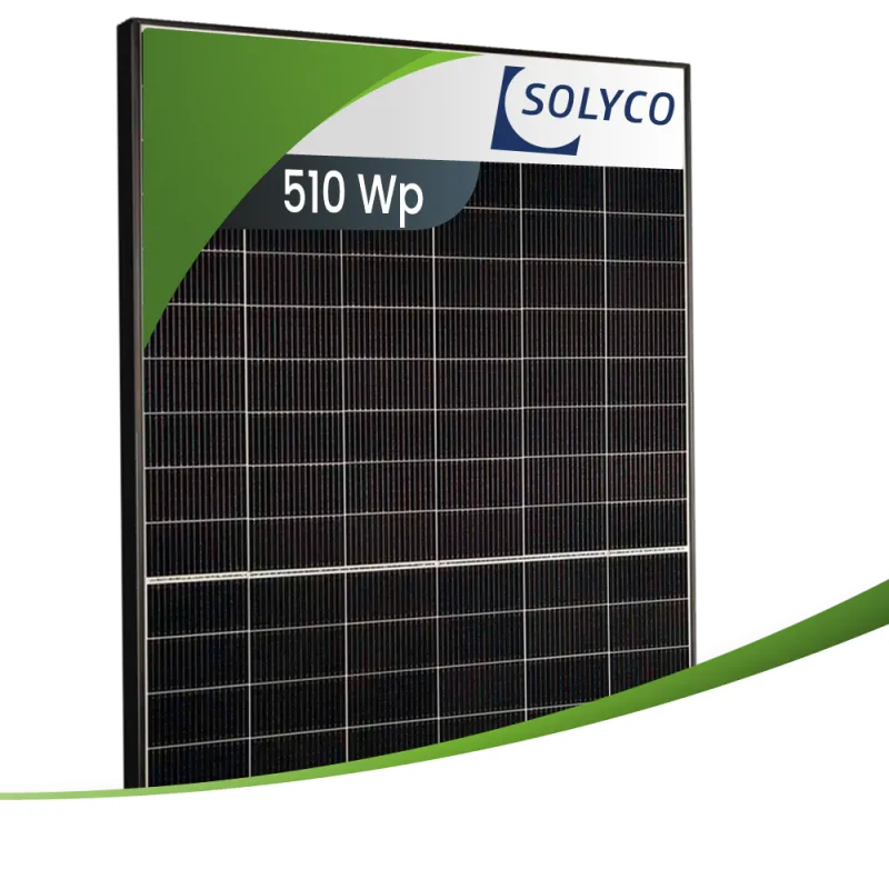 Solyco Solarmodul 510 Wp mit schwarzem Rahmen und Glas-Glas-Bauweise für hohe Effizienz.