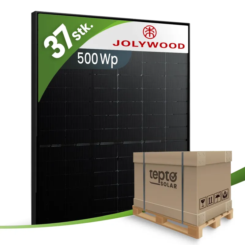 Palette mit mehreren Jolywood Solarmodulen JW-HD108N-R2-500 für Photovoltaik-Anlagen