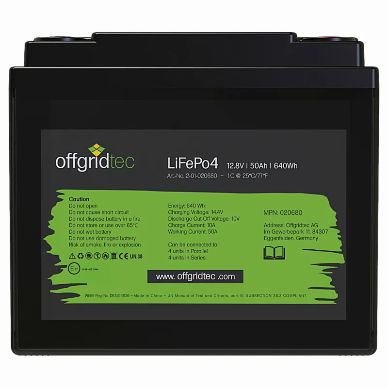 Seitliche Ansicht des Batteriespeichers LiFePo4 Akku 12V 50Ah für Solarstromspeicherung.