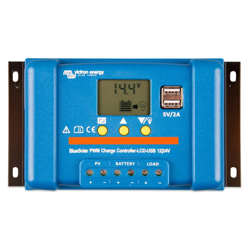 Rückseite des Victron Solarladereglers BlueSolar PWM-LCD&USB mit Anschlüssen für Solarmodul und Batterie.