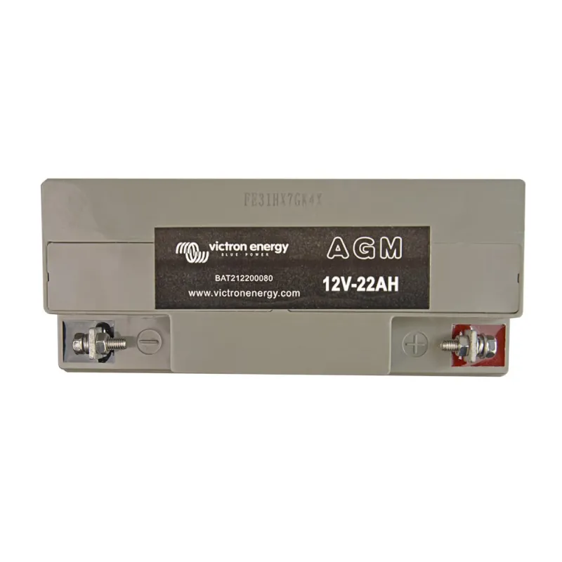 Seitliche Ansicht des Victron Energy Batteriespeichers AGM 12V/22Ah mit Typenschild