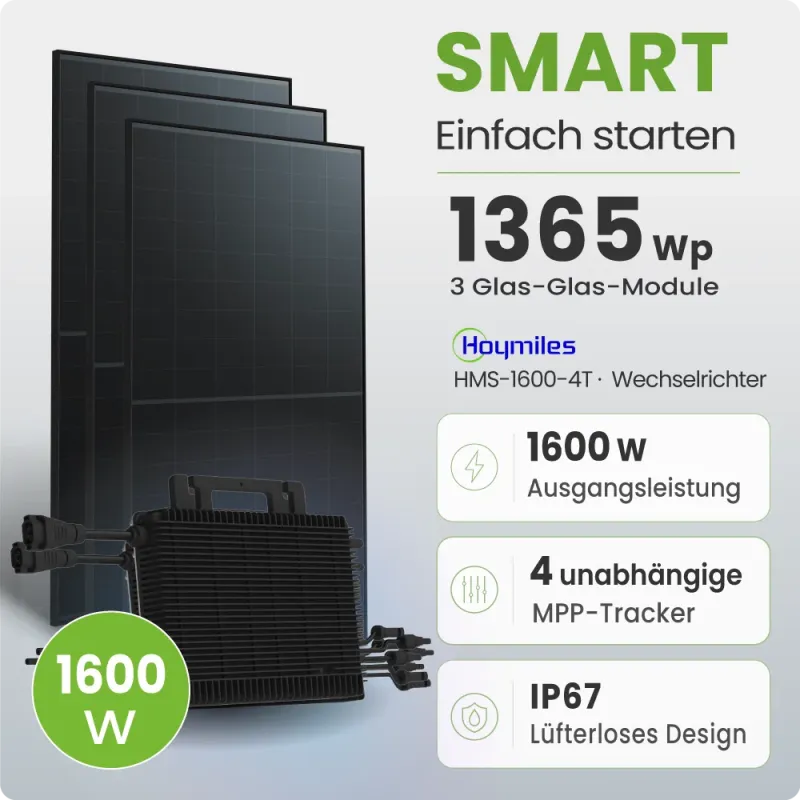 Drei Solarmodule mit Mikrowechselrichter für ein 1.365 Wp Balkonkraftwerk.