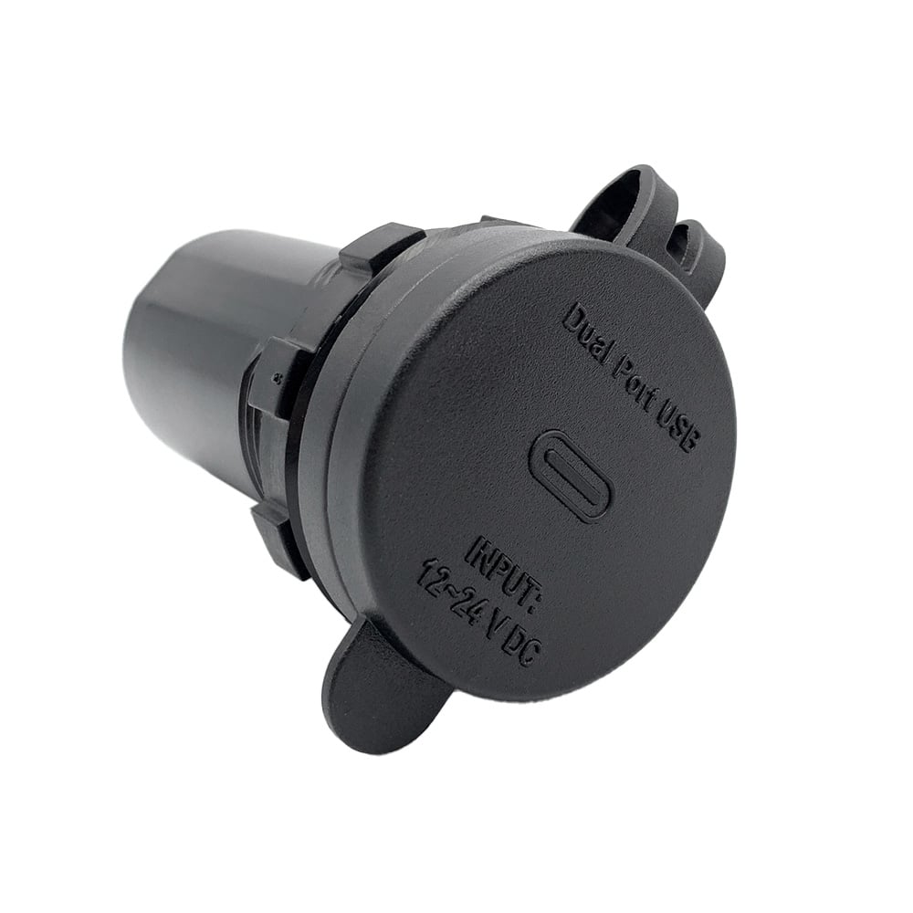 Rückansicht der USB Doppelsteckdose mit Anschlussklemmen für 230-V-Stromversorgung.