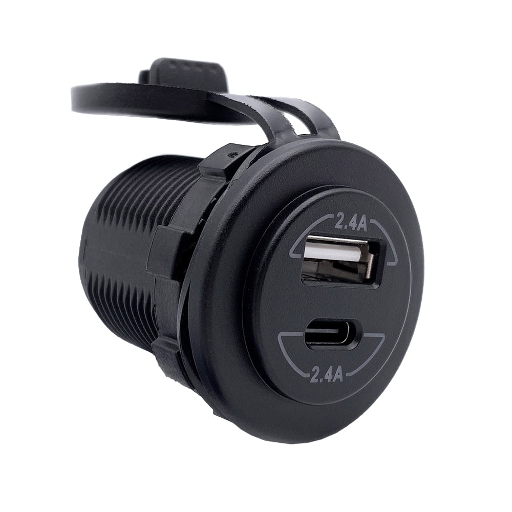 USB Doppelsteckdose in Seitenansicht, zeigt kompakte Bauform und Schraubklemmen.