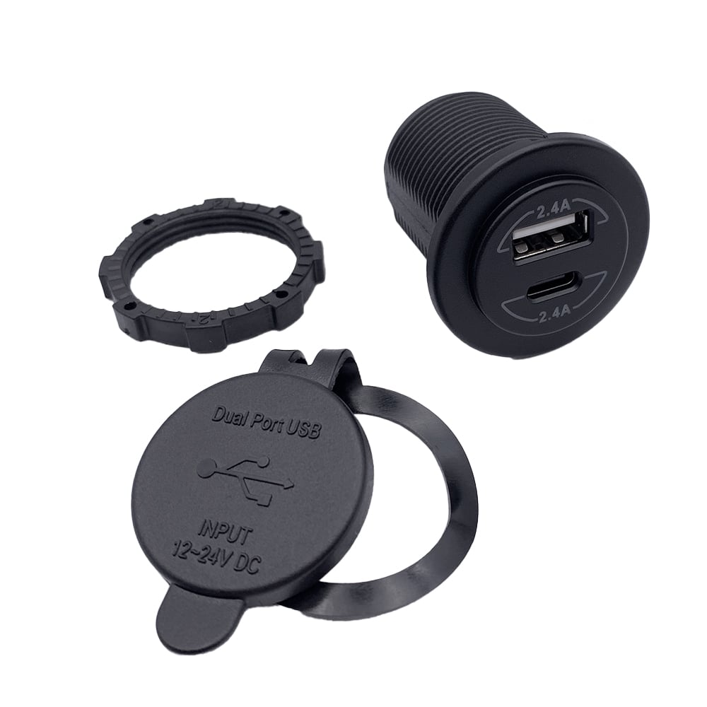 Technische Zeichnung der USB Doppelsteckdose mit Maßen und Anschlüssen.