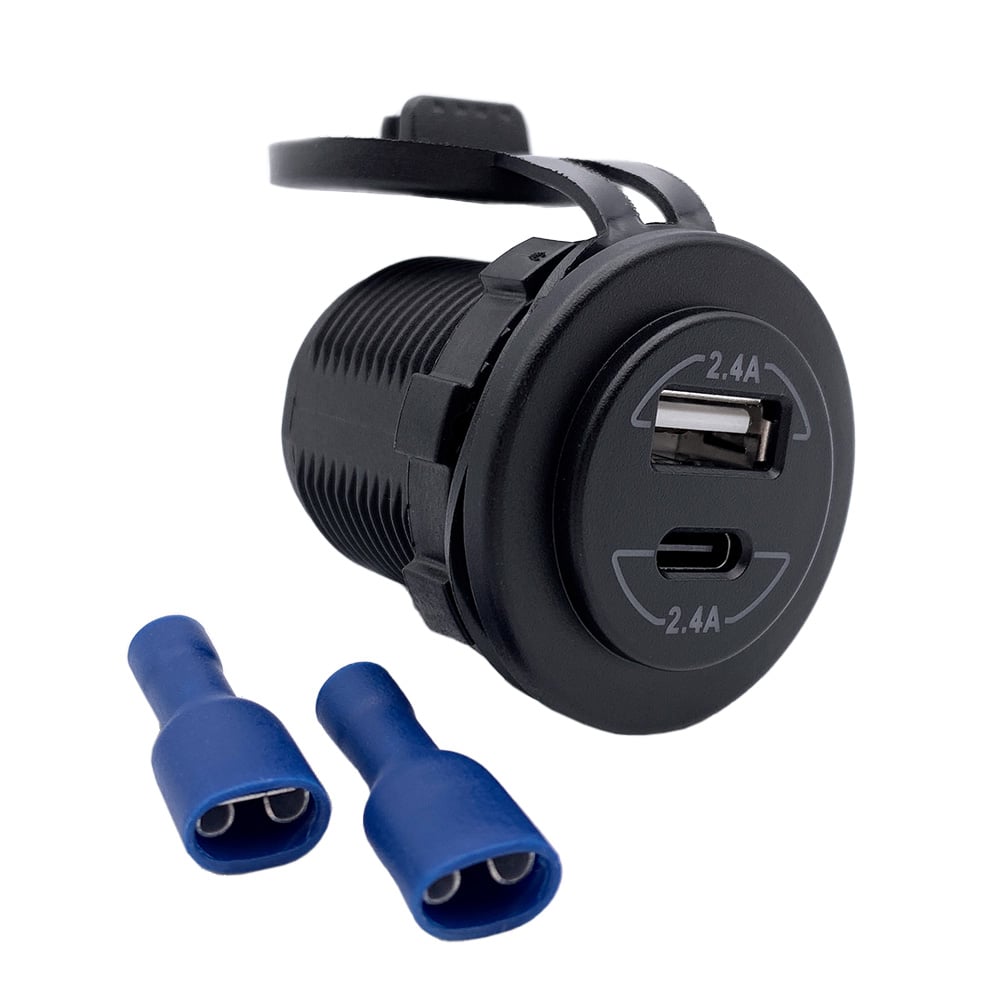 USB Doppelsteckdose mit zwei Anschlüssen für 12V- und 24V-Systeme, Frontansicht.