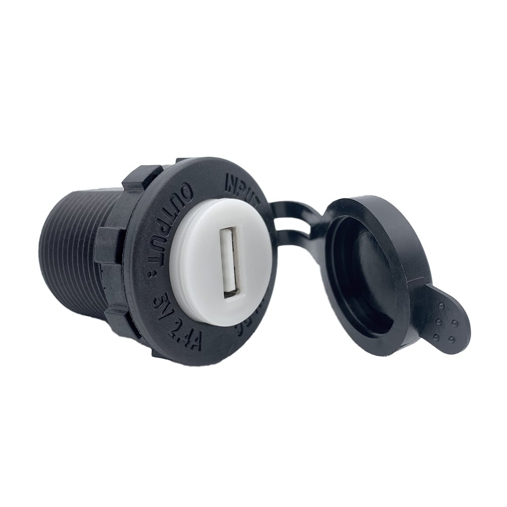 Seitliche Ansicht der USB Steckdose mit Schutzart IP65 für staub- und wassergeschützten Betrieb.
