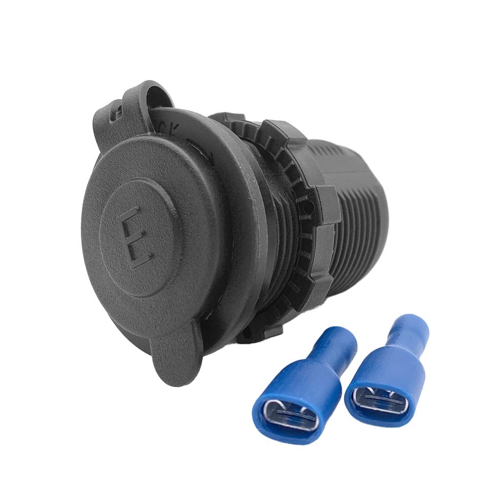 Engel-Steckdose 12V/24V mit IP65-Schutz für Gleichstrom-Anwendungen, Frontansicht.