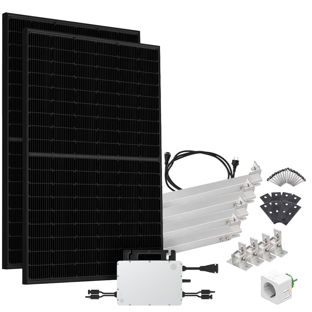Solar-Direct 900W HMS-800-2WB Balkonkraftwerk Bifazial Full Black Schukosteckdose - 5m - Montageset für Flachdach