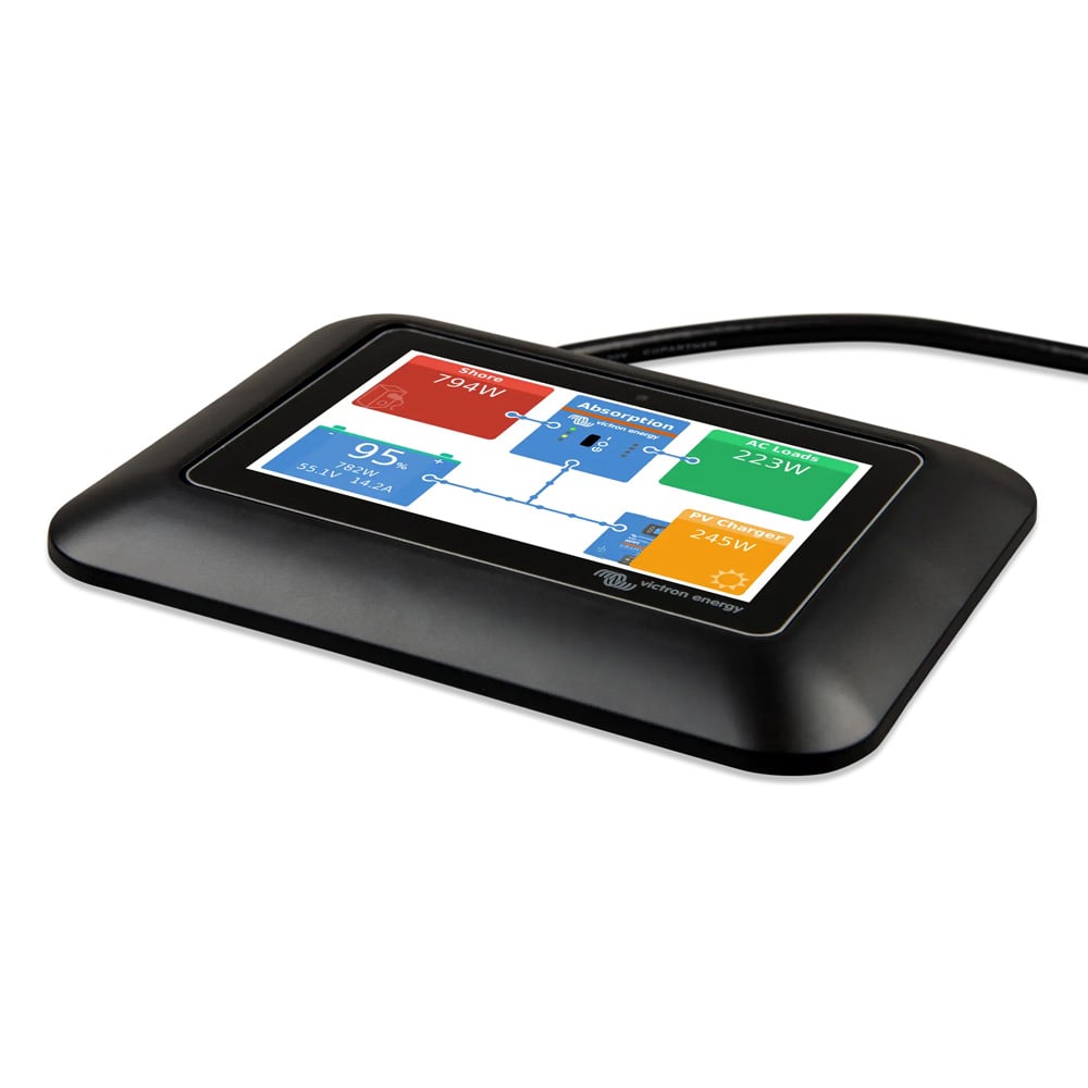 Victron GX Touch Adapter in Verpackung mit technischen Daten und Montagehinweisen.