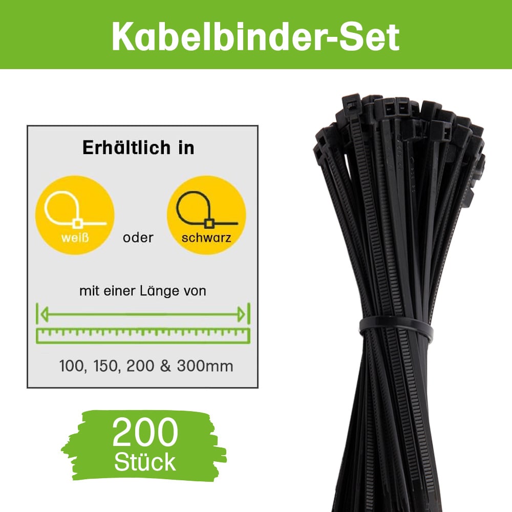 Kabelbinder 200 Stk. Schwarz Nylon UV-Beständig Verschiedene Längen 100mm 150mm 200mm 300mm – Bild 2