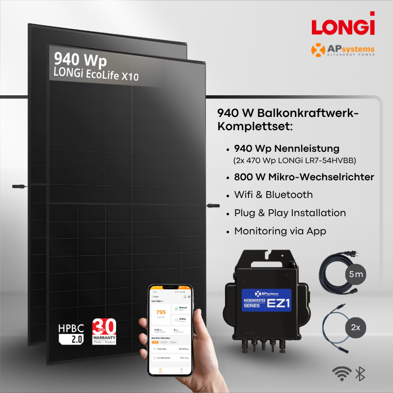 Balkonkraftwerk LONGi 940 Wp + APsystems EZ1 800 W