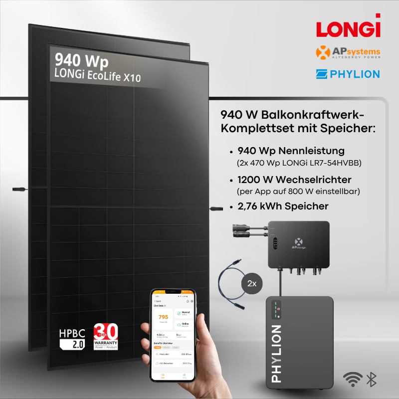 Balkonkraftwerk mit Speicher LONGi 940 Wp + APsystems EZHI 1200 W + Phylion 2,76 kWh