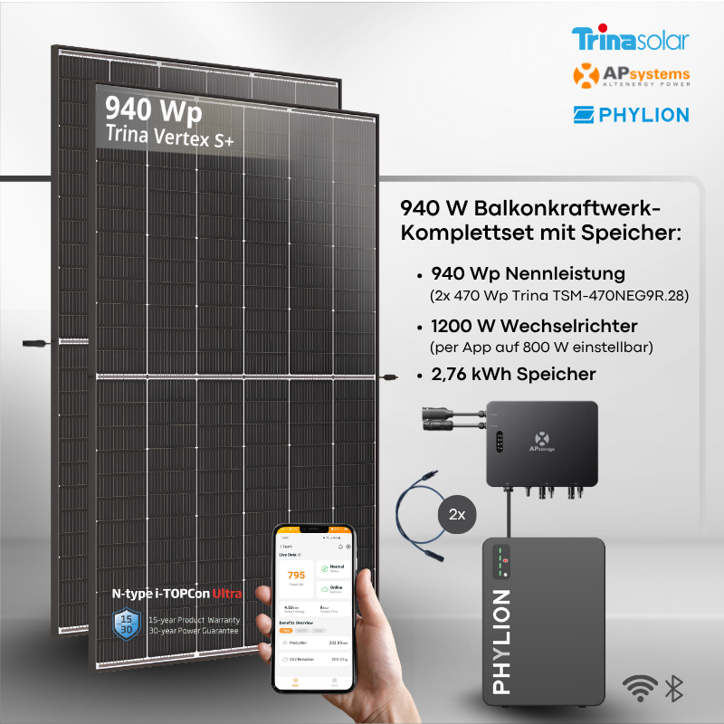 Balkonkraftwerk mt Speicher Trina 940 Wp + APSystems EZHI 1200 W + Phylion 2,76 kWh