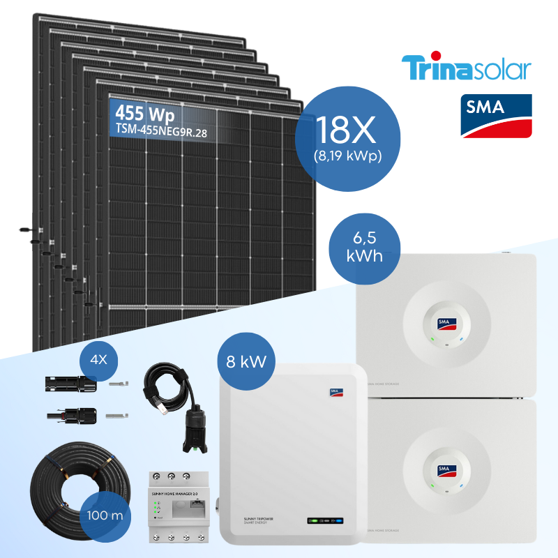 PV-Komplettset 8 kWp - 18x Trina 455 Wp + SMA Sunny Tripower 8.0 SE + Home Storage 6.5