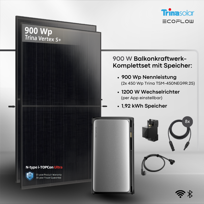 Balkonkraftwerk Trina 900 Wp + EcoFlow STREAM Ultra 1200 W + 1,92 kWh