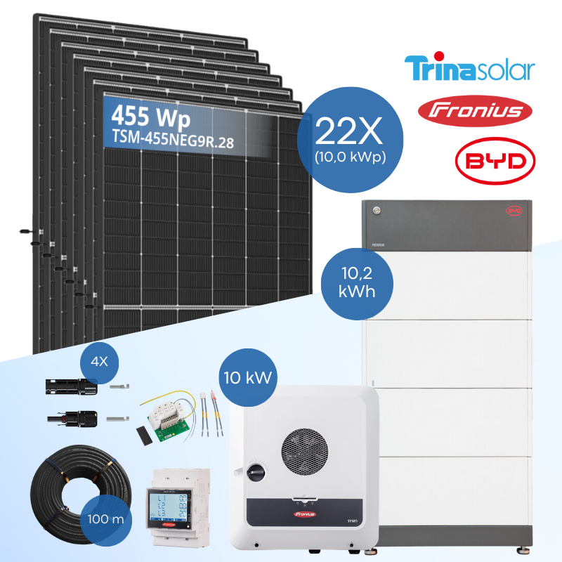PV-Komplettset 10 kWp - 22x Trina 455 Wp + Fronius Symo GEN24 Plus 10.0 + BYD B-Box HVS 10.2