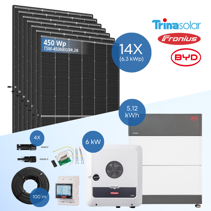 PV-Komplettset 6 kWp - 14x Trina 450 Wp + Fronius Symo GEN24 Plus 6.0 + BYD B-Box HVS 5.1