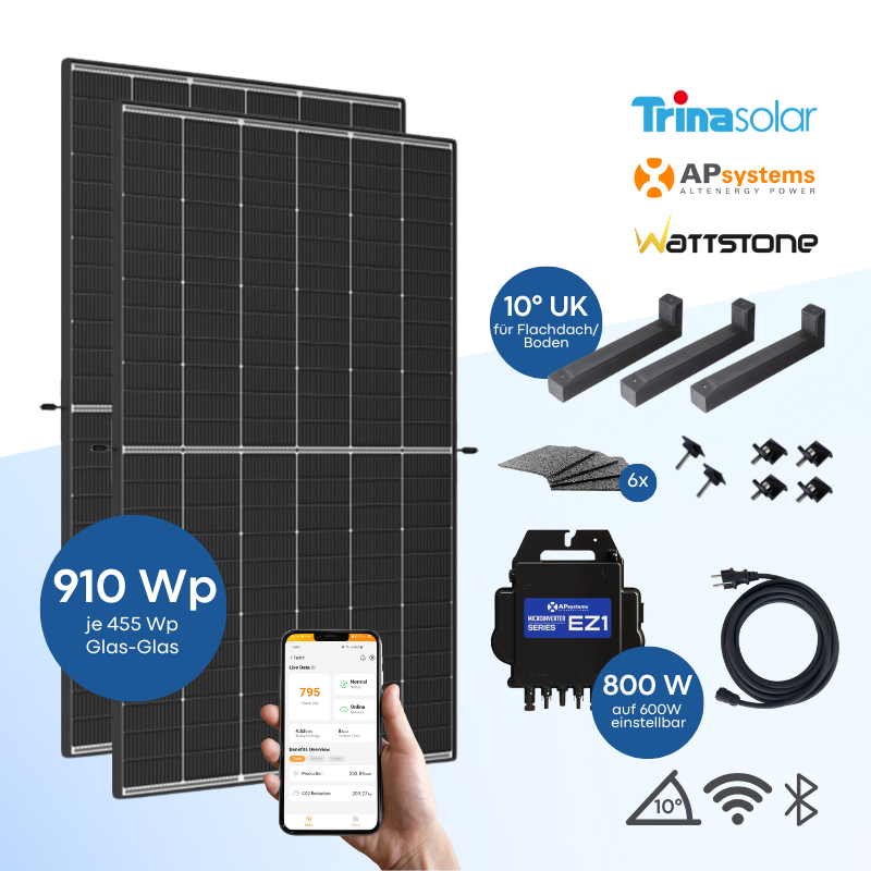 Balkonkraftwerk Flachdach/Boden Trina Solar 910 Wp mit APsystems EZ1 - 10 Grad