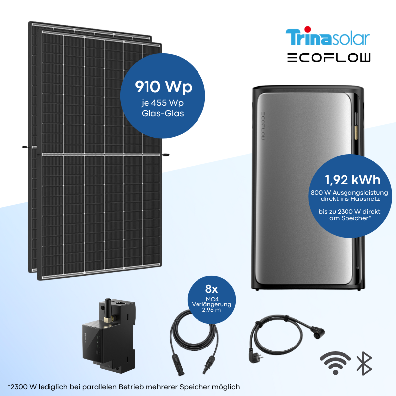 Balkonkraftwerk Trina Solar 910 Wp mit EcoFlow STREAM Ultra Batteriespeicher 1,92 kWh und Smart Meter