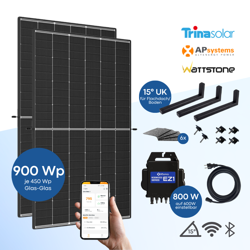 Balkonkraftwerk Flachdach/Boden Trina Solar 900 Wp mit APsystems EZ1 - 15 Grad