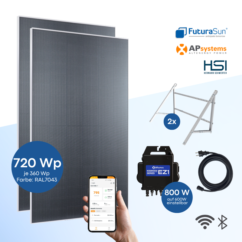 Balkonkraftwerk FuturaSun Silver 720 Wp mit APsystems EZ1 + HSI Balkonhalterung