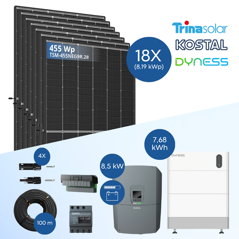 PV-Komplettset 8 kWp - 18x Trina 455 Wp + Kostal PLENTICORE G3 M 8.5 + Dyness Tower Pro TP7