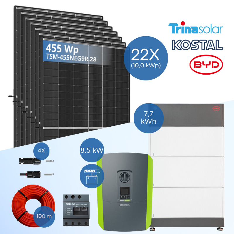 PV-Komplettset 10 kWp - 22x Trina 455 Wp + Kostal PLENTICORE plus G2 8.5 + BYD B-Box HVS 7.7