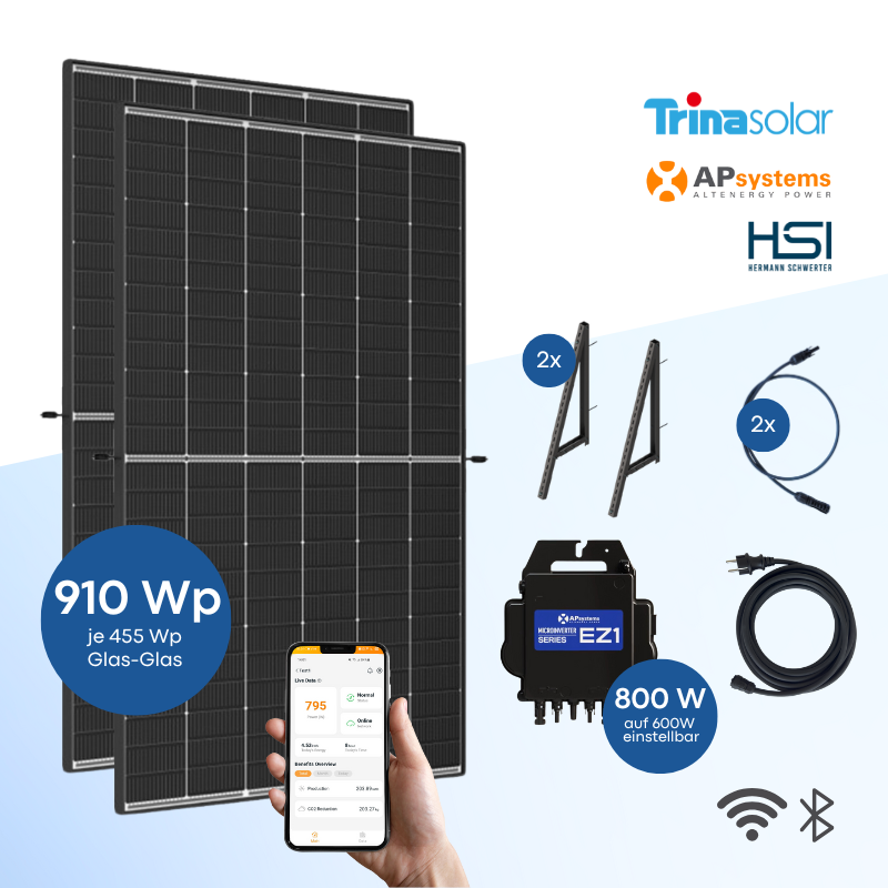 Balkonkraftwerk Trina Solar 910 Wp mit APsystems EZ1 + HSI Wandhalterung