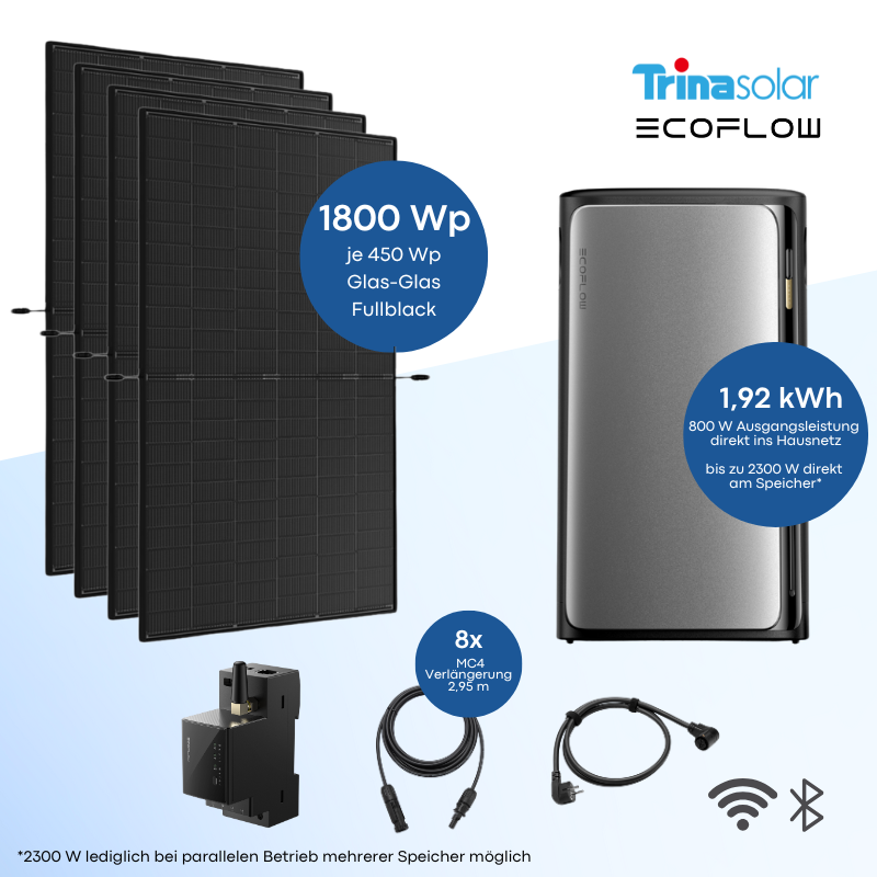 Balkonkraftwerk Trina Solar 1800 Wp Fullblack mit EcoFlow STREAM Ultra Batteriespeicher 1,92 kWh und Smart Meter