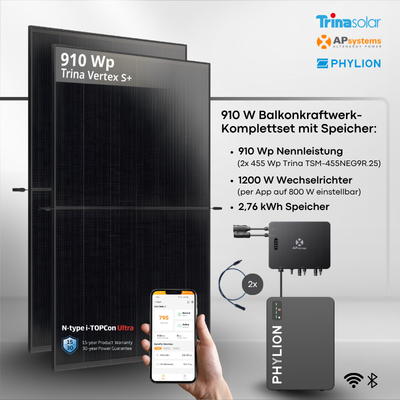 Balkonkraftwerk mit Speicher Trina 910 Wp + APSystems EZHI 1200 W + Phylion 2,76 kWh