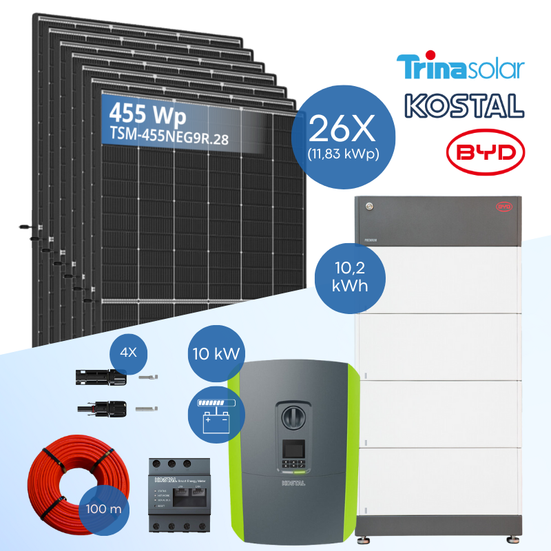 PV-Komplettset 12 kWp - 26x Trina 455 Wp + Kostal PLENTICORE plus G2 10 + BYD B-Box HVS 10.2